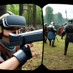 **

Interactive history lesson in the Metaverse. A student with a VR headset is immersed in a realistic recreation of the Battle of Grunwald, engaging with virtual historical figures. Medieval battlefield setting, knights clashing, historically accurate details, dynamic lighting.

**