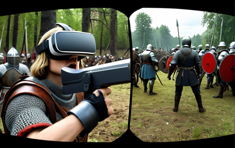 **
Interactive history lesson in the Metaverse. A student with a VR headset is immersed in a realistic recreation of the Battle of Grunwald, engaging with virtual historical figures. Medieval battlefield setting, knights clashing, historically accurate details, dynamic lighting.
**
