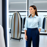 A professional woman in her early 30s, fully clothed in elegant, modest business casual attire, stands in a modern, brightly lit retail store fitting room. She is looking at a smart mirror, which displays a seamless augmented reality (AR) overlay of a different outfit on her reflection, showing clothing details and personalized recommendations. The interior features minimalist design and subtle futuristic displays in the background. The image is a high-resolution, professional photograph, realistic with natural lighting, safe for work, appropriate content, perfect anatomy, correct proportions, natural pose, well-formed hands, proper finger count, natural body proportions, family-friendly.