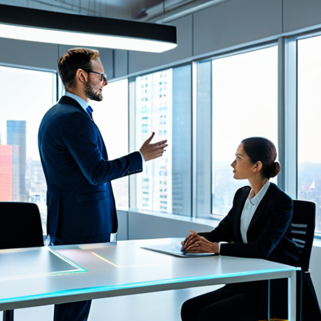 A diverse group of three professional individuals collaborating in a modern, brightly lit office space with large windows overlooking a city skyline. One person stands, gesturing towards a translucent holographic display in the air, showing complex data visualizations. Another person sits at a sleek, minimalist desk, observing the display with a thoughtful expression. The third person is engaged in a remote video call on a desk-integrated screen, which seamlessly projects part of the holographic data. All individuals are wearing modest and professional business attire. The overall aesthetic is clean, futuristic, and efficient. Professional photography, high-resolution, sharp focus, vibrant colors, soft ambient lighting. safe for work, appropriate content, fully clothed, professional, perfect anatomy, correct proportions, natural pose, well-formed hands, proper finger count, natural body proportions.