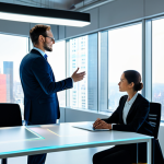 A diverse group of three professional individuals collaborating in a modern, brightly lit office space with large windows overlooking a city skyline. One person stands, gesturing towards a translucent holographic display in the air, showing complex data visualizations. Another person sits at a sleek, minimalist desk, observing the display with a thoughtful expression. The third person is engaged in a remote video call on a desk-integrated screen, which seamlessly projects part of the holographic data. All individuals are wearing modest and professional business attire. The overall aesthetic is clean, futuristic, and efficient. Professional photography, high-resolution, sharp focus, vibrant colors, soft ambient lighting. safe for work, appropriate content, fully clothed, professional, perfect anatomy, correct proportions, natural pose, well-formed hands, proper finger count, natural body proportions.