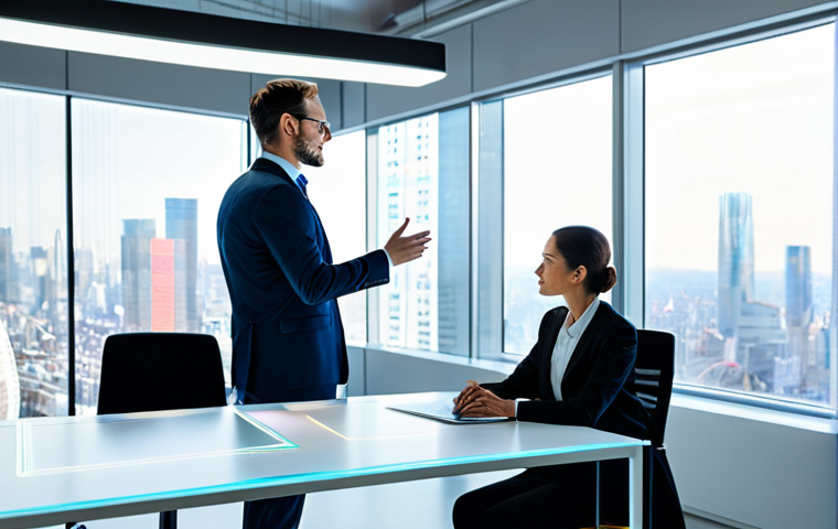 A diverse group of three professional individuals collaborating in a modern, brightly lit office space with large windows overlooking a city skyline. One person stands, gesturing towards a translucent holographic display in the air, showing complex data visualizations. Another person sits at a sleek, minimalist desk, observing the display with a thoughtful expression. The third person is engaged in a remote video call on a desk-integrated screen, which seamlessly projects part of the holographic data. All individuals are wearing modest and professional business attire. The overall aesthetic is clean, futuristic, and efficient. Professional photography, high-resolution, sharp focus, vibrant colors, soft ambient lighting. safe for work, appropriate content, fully clothed, professional, perfect anatomy, correct proportions, natural pose, well-formed hands, proper finger count, natural body proportions.